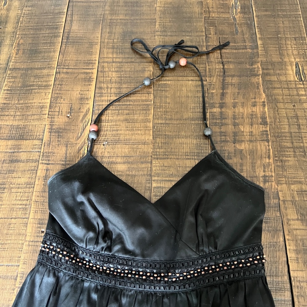 Ann Taylor Sz 0 V-Neck Halter Dress w/ Beading; Tie Neck; Cotton; Lined;Side Zip - Picture 5 of 11